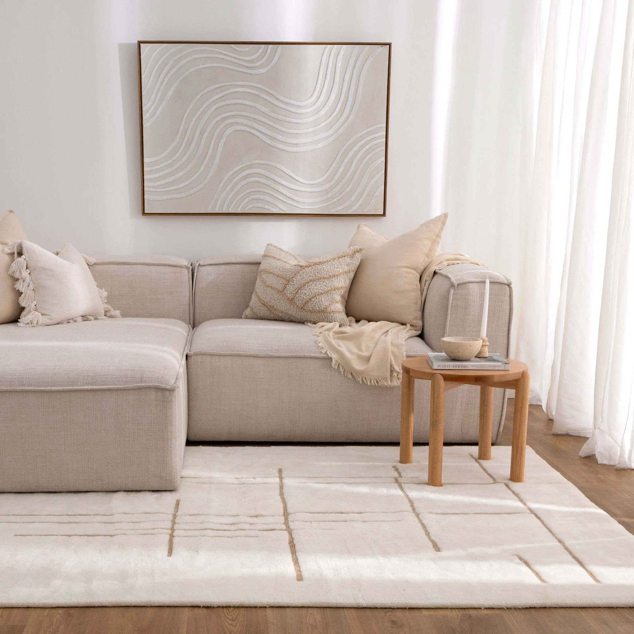 Highlands Abstract Beige Lines Washable Wool Rug - Image 4